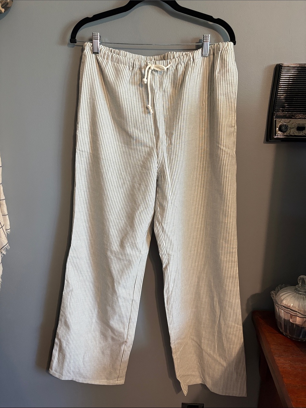 Love Tree Cream and Light Green Pinstripe Drawstring Chinos